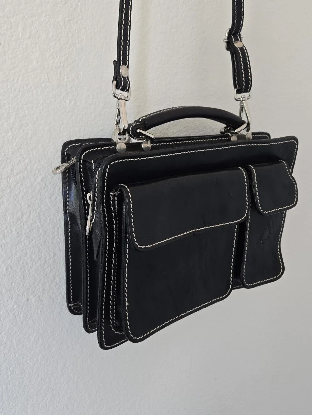 Il Giglio Black Leather Multi-compartment Crossbody Bag Structured Unisex Italy